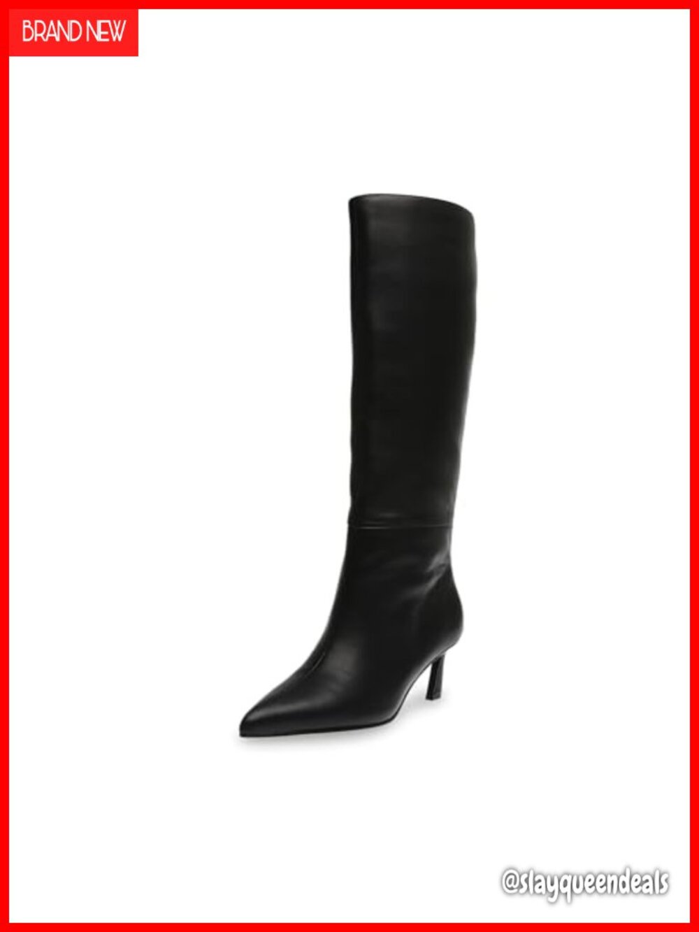 Pointed Toe Knee High Leather Kitten Heel Pull On Boot